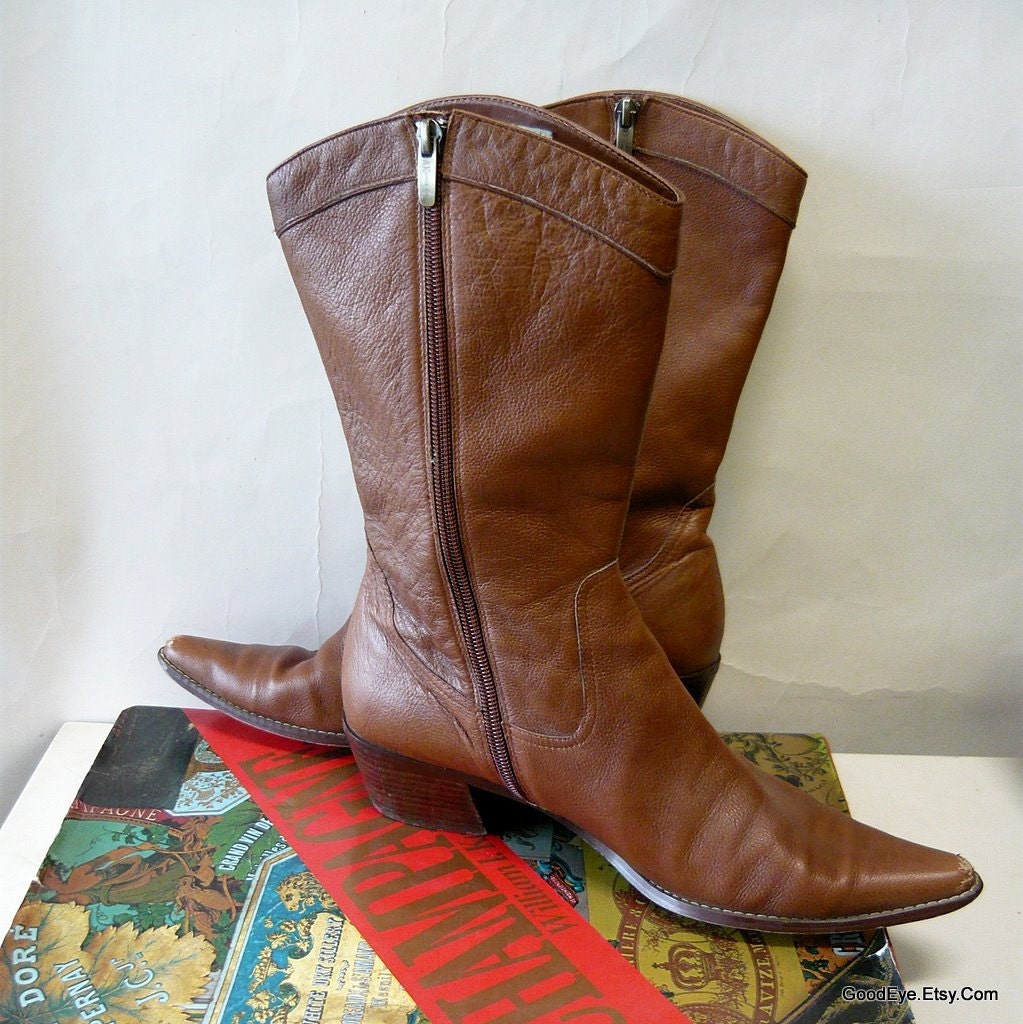 Rockabilly Leather Ankle Boots 9 m Eur 41 UK 6 .5 Flats Anne Klein Biker Punk Brown