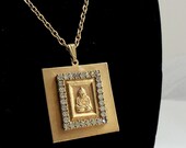 Buddha charm necklace, vintage pendant with rhinestones and gold setting, Gifts under 30 dollars