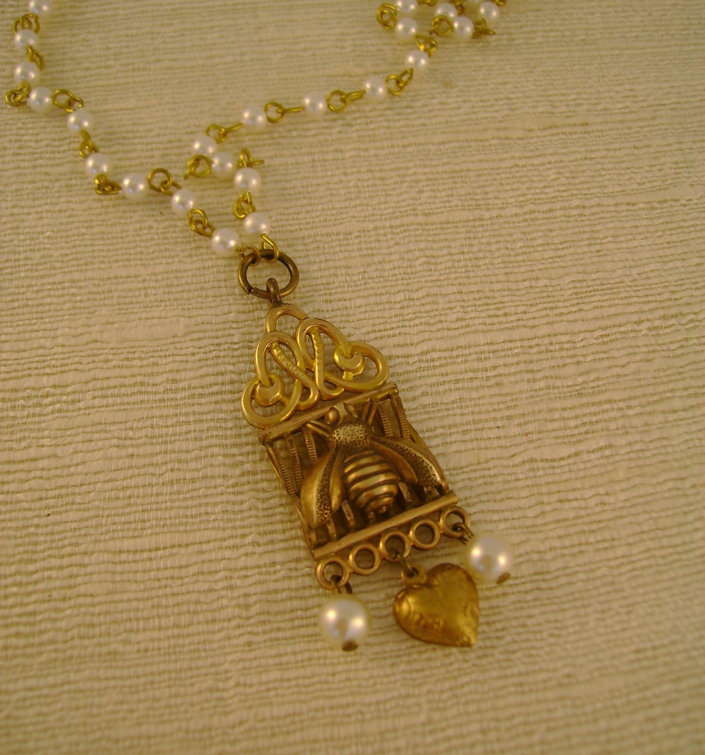 Honey Dripper - Antique Watch Fob Honey Bee Puffy Heart Pearls Recycled Repurposed Necklace