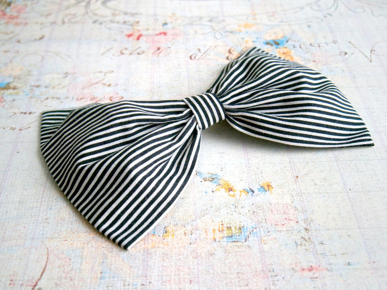 Paris bow brooch  Cotton fabric bow  Big elegant brooch Stripes white and black