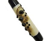Handmade Ivory Lampwork Glass Focal Tube Bead with Black End Caps, Fine Silver Designs and Raised Dots SRA ISGB LE
