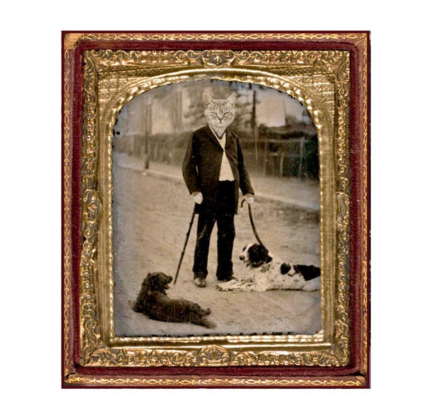 SET OF 4 The Dog Walker - Cat - Altered Ambrotype -Greeting Card Blank Inside