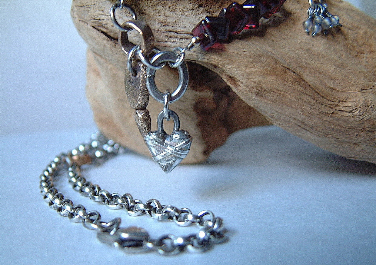 Silver Necklace- Coeur Cache- Captive Heart- asymmetrical style with metal clay, stones-Free Shipping Etsy