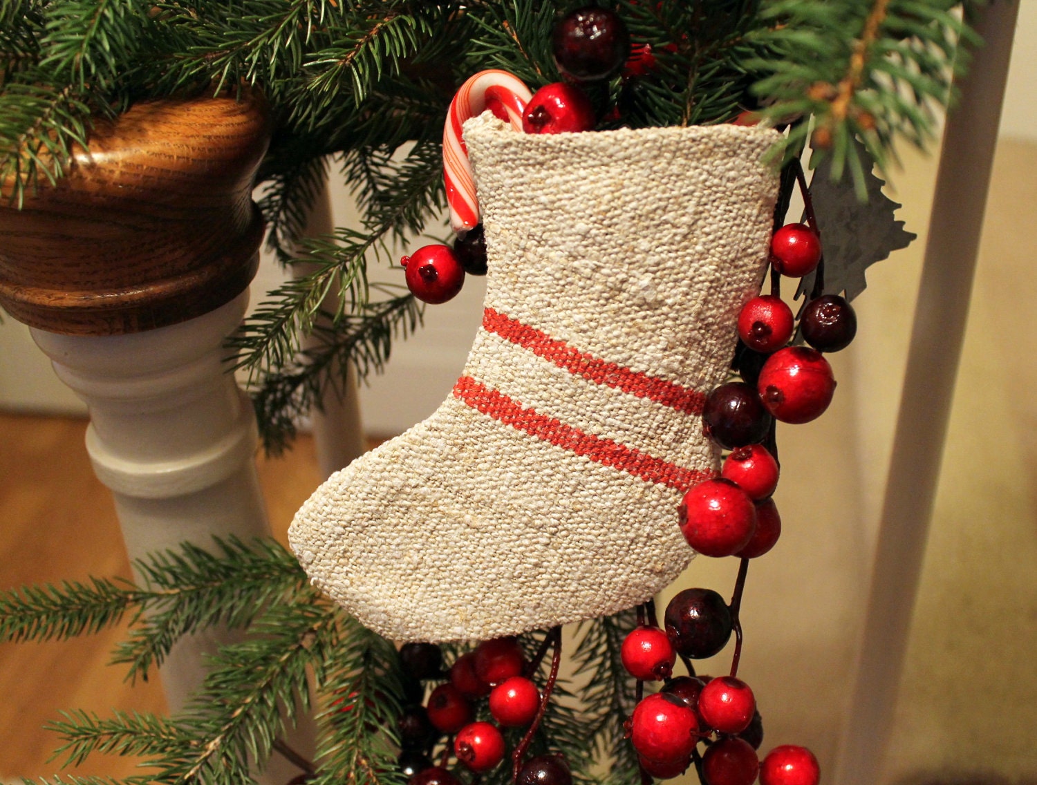 Miniature Grain Sack Stockings Red Stripes Set of 4