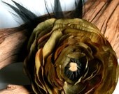 Arden Green Silk Hair Flower with Black Feathers