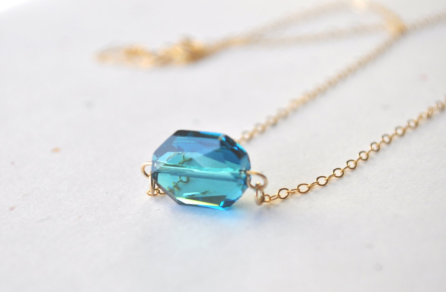 Teal Graphic Necklace - blue zircon gold filled swarovski crystal octagon pendant - simple modern jewelry - adencreations