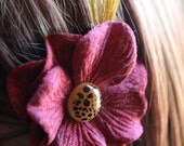 Libby Yellow Peacock Feather and Burgundy Flower Hair Fascinator with Cheetah Print Vintage button