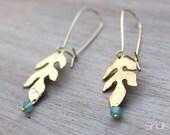 Oak Tree Leaf Long Dangle Earrings w/ a Green/Blue Swarovski beads