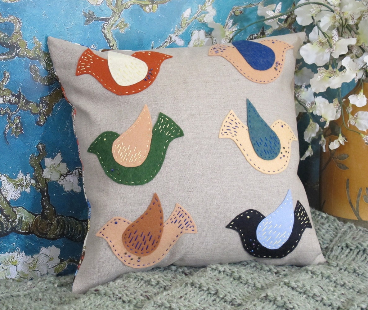Embroidered Pillow - Freckled Bird Fiber Folk Art -- nature, cushion, eco chic, organic linen