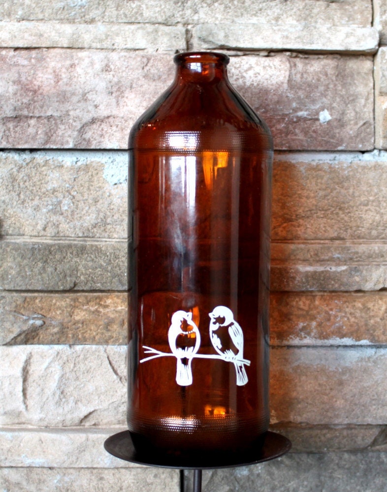 Love Birds Unique Upcycled Amber Antique Bottle by Uptown Avenue