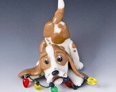 Basset Hound Ornament playing Christmas lights Porcelain