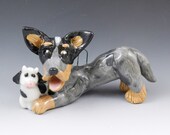 Australian Cattle Dog Ornament  with toy cow Porcelain Original Sculpture