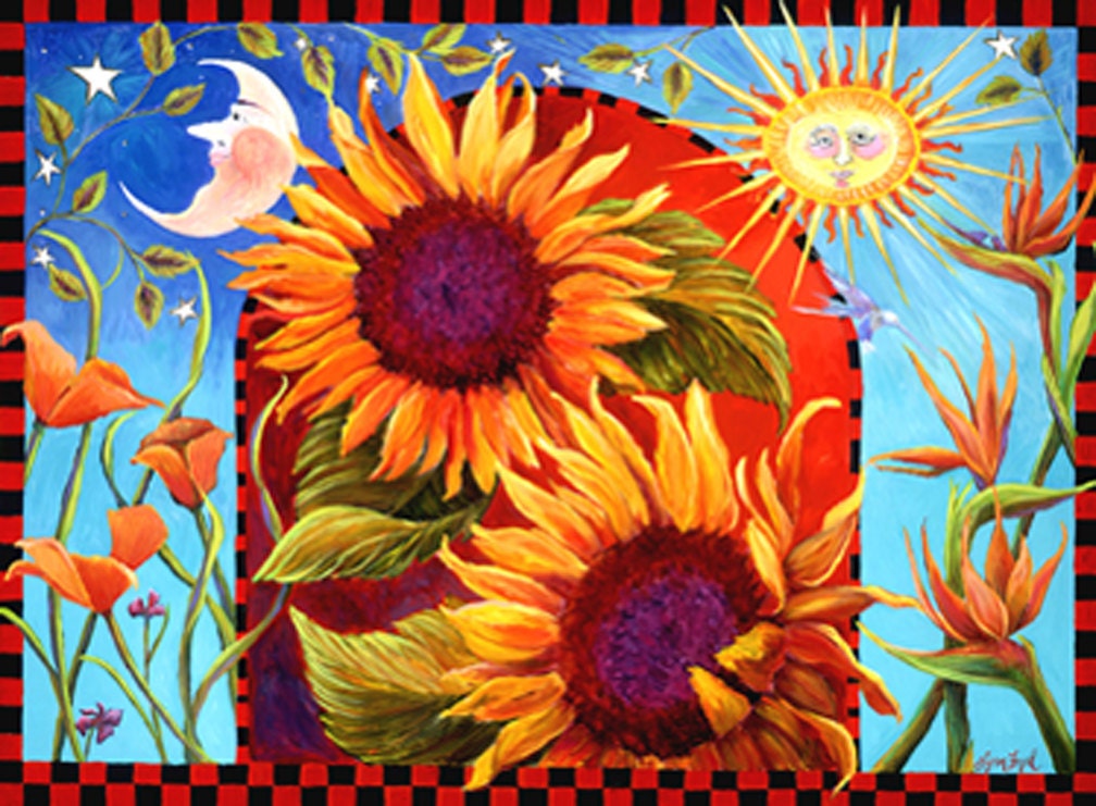 Sunflower,  Print, 8 x 10 inch with double mat, floral, poppy, sun, moon, Summer Solstice, bright, love and harmony