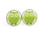 Lime Green Owl Earrings.  Resin Earrings.   Resin Post Earrings.  Made with my handmade buttons.
