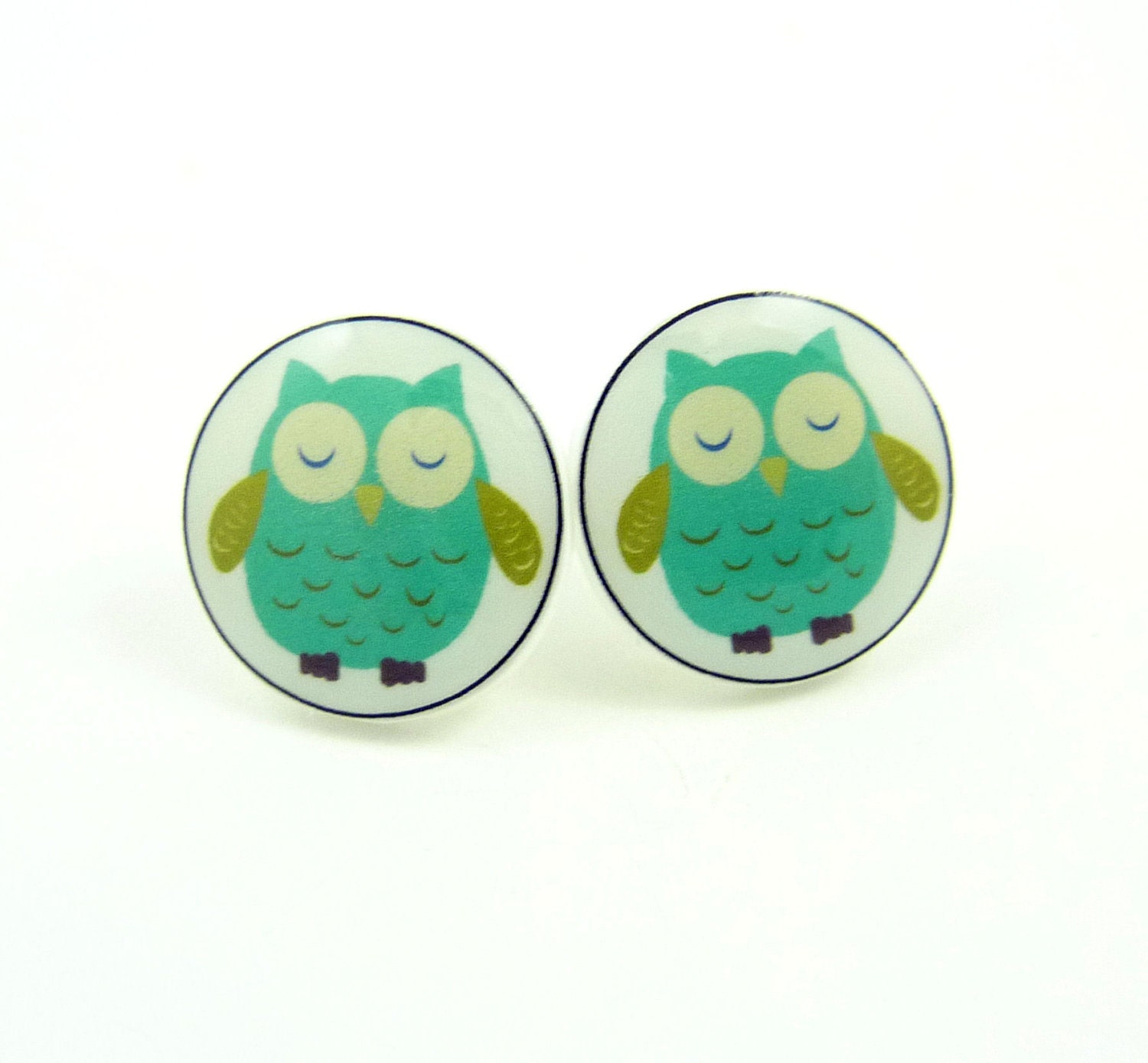 Turquoise Owl Earrings.  Resin Earrings.   Resin Post Earrings.  Made with my handmade buttons.