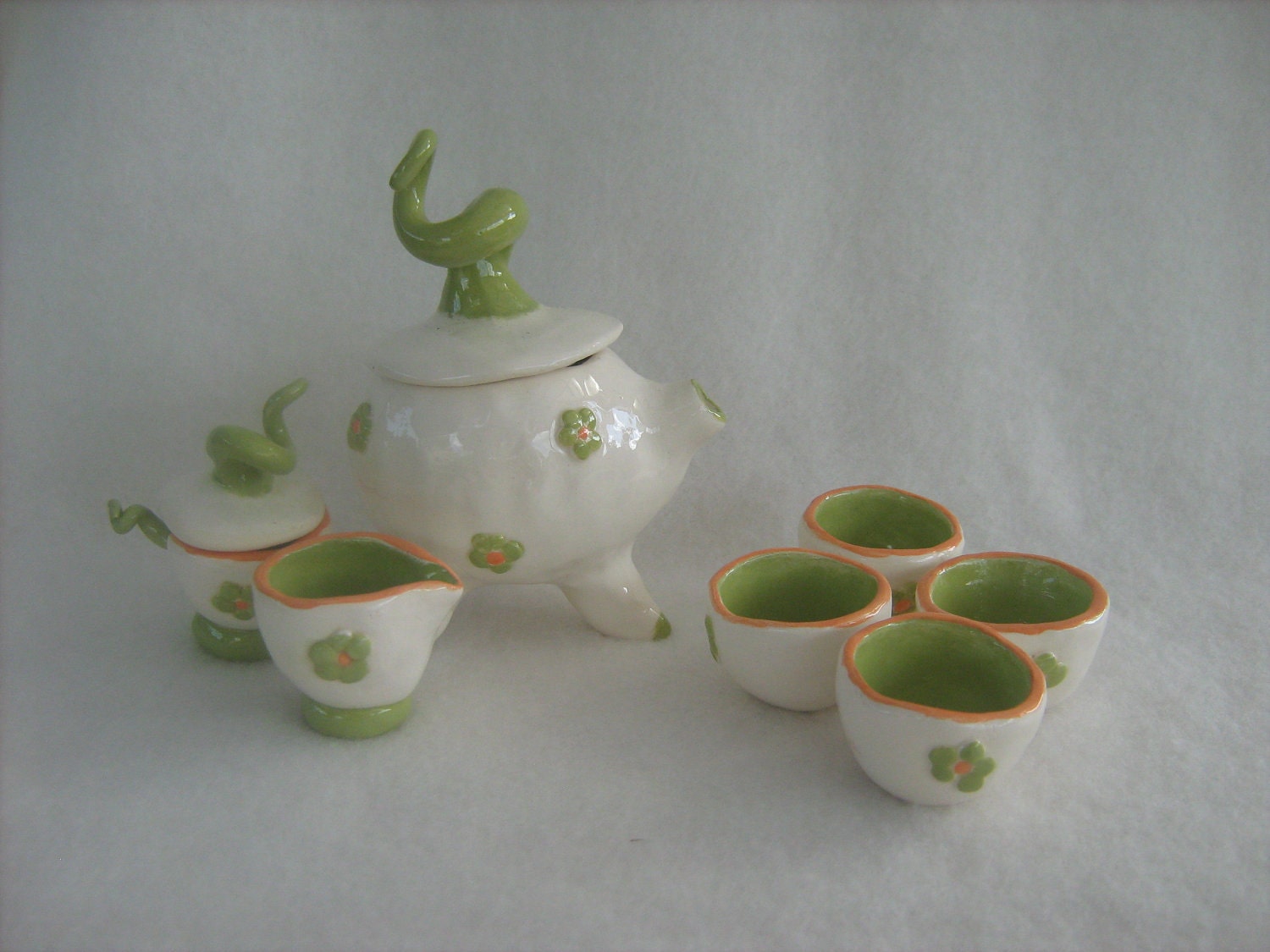 Tiny Tea Set, Fresh Apple green and orange flowers with a squiggle top and twinkle toes.