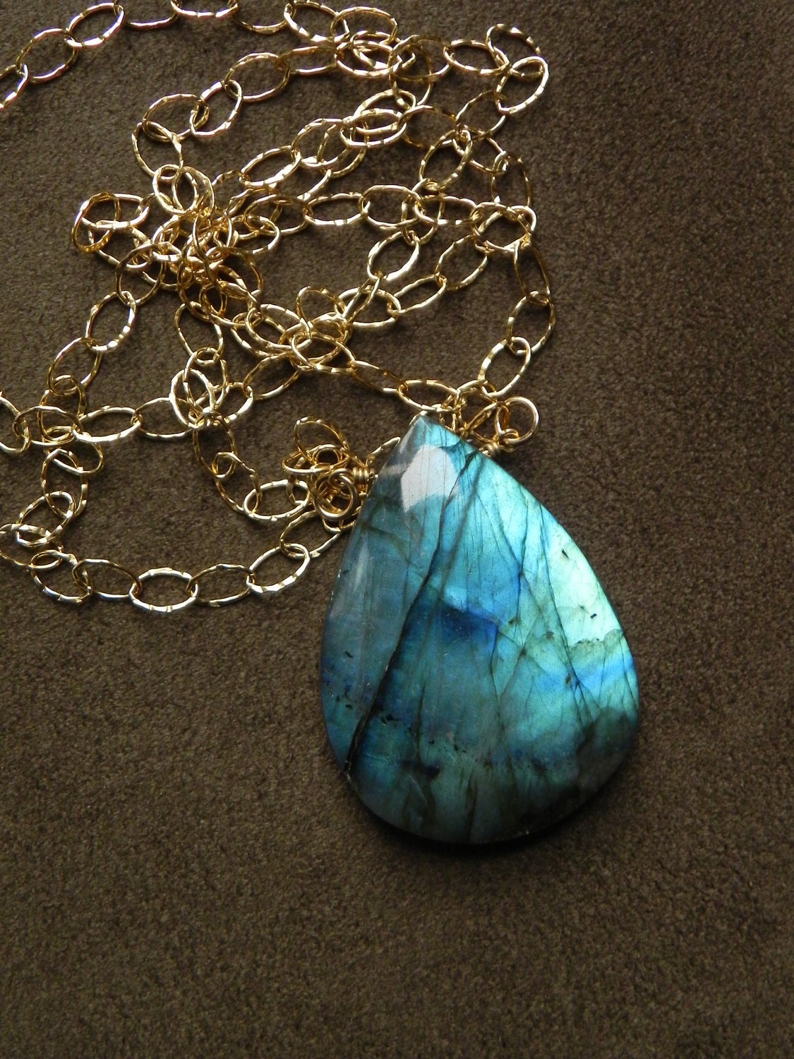 SALE  Extra Large Fiery Blue Labradorite and Hammered Gold Filled Statement Necklace  SALE