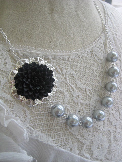 wedding season SALE Midnight Black Chrysanthemum assymetrical necklace with gray glass pearls with FREE earring