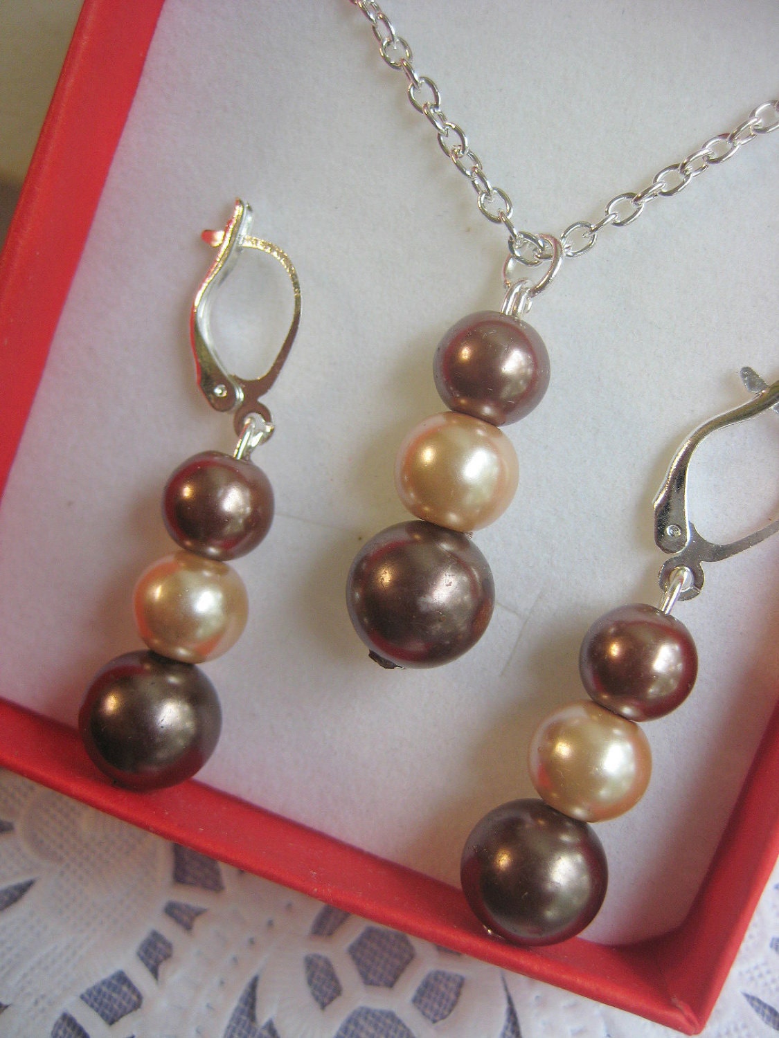 Mocha brown coloured glass pearl necklace earring set. SILVER PLATED findings. Perfect for Bridesmaids. Other colours available.