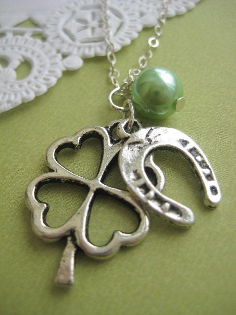 Shamrock Horseshoe green glass pearl pendant necklace. Perfect for St. Patrick's Irish Holiday