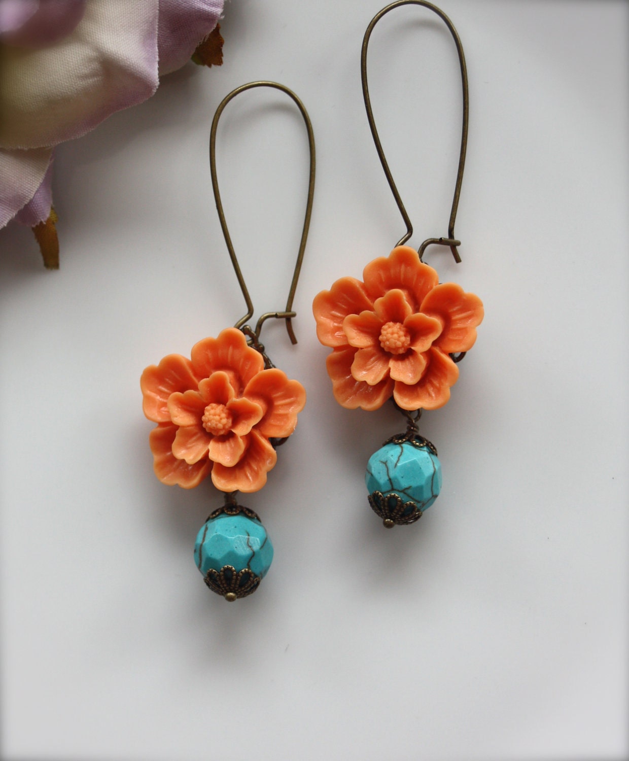 Summer In Bloom II  - A Bright Orange Sakura Flower with Howlite Gemstone Beads Earrings.  Cheerful. Summer. Gifts for Mom