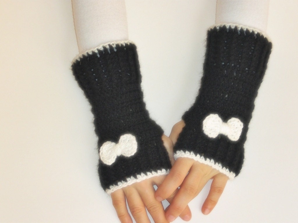 Ready to ship- Hand Crochet Fingerless Gloves mittens black white with bow tie