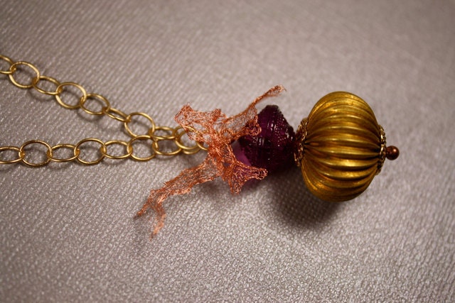 Vintage Necklace Grape Plastic and brass Brass  Vintage Beads  Style Mid Century Copper and 14kt gold vermeil