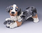 Australian Shepherd Ornament  with toy sheep Porcelain Original Sculpture