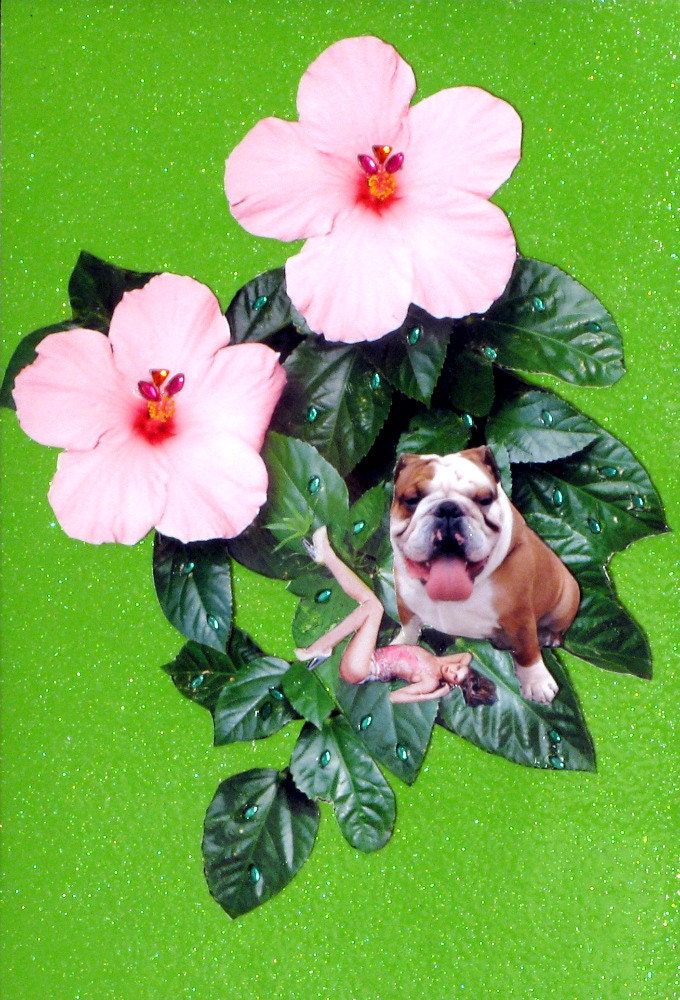 bulldog collage photocollage sexy woman tagt team art green pink flower home decor pet