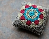 Linen  pincushion - crochet motif
