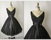 50's Cocktail Dress // Vintage 1950's Black Chiffon Full Cocktail Party Holiday Dress S M