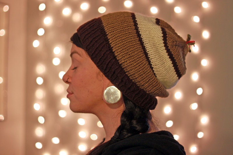 Striped Neutral Colored Rolled Brim Knit Beanie