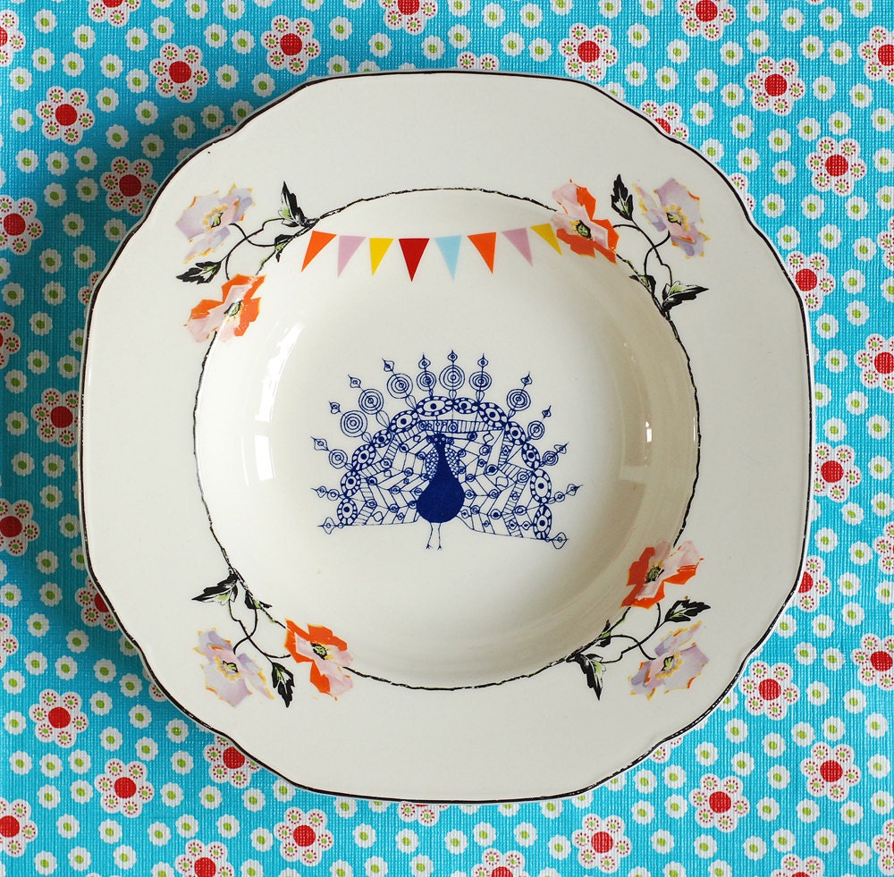SALE The peacock, flowers and bunting plate