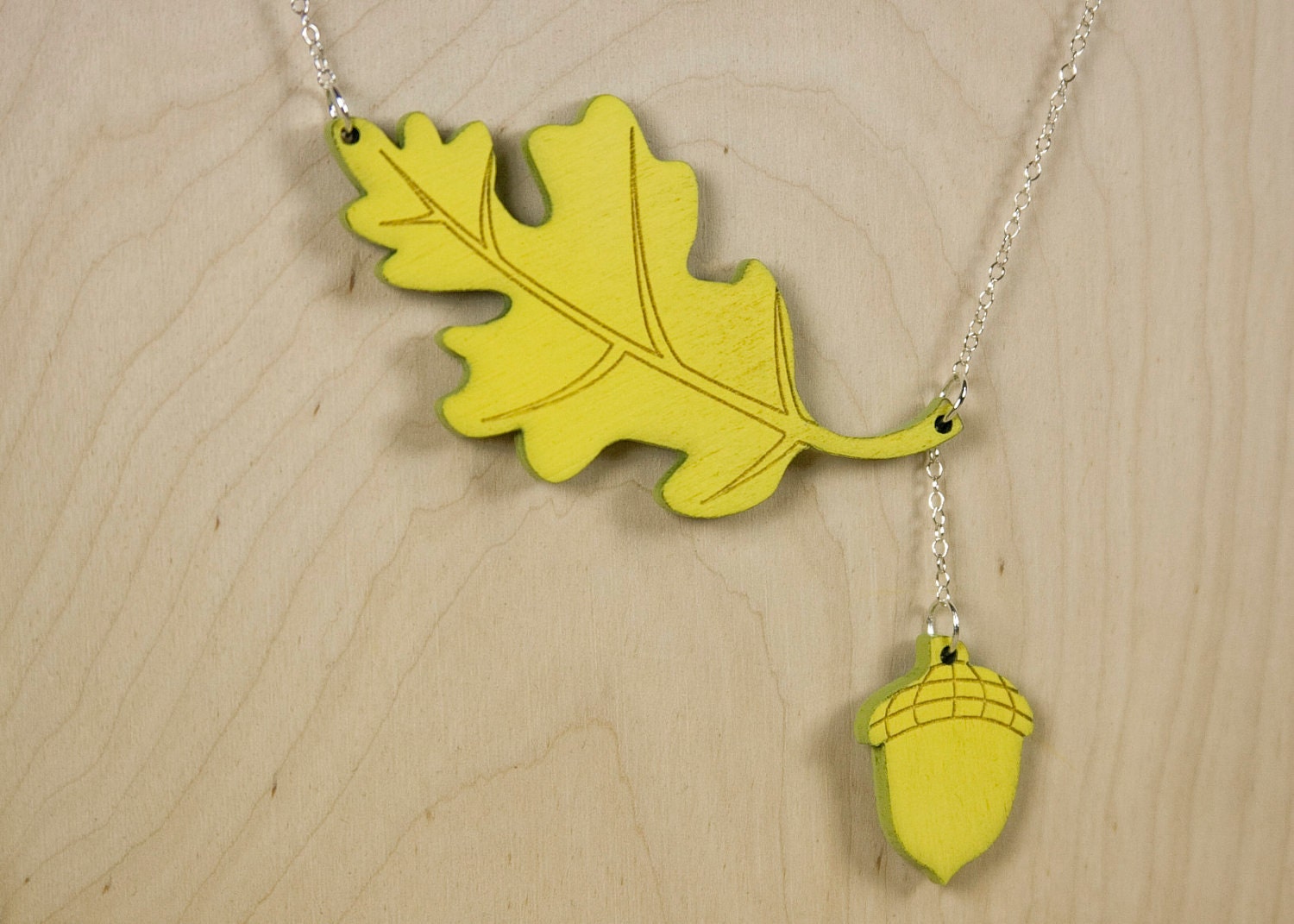 Wood Oak Leaf and Acorn Necklace with  Silver Chain - Neogranny