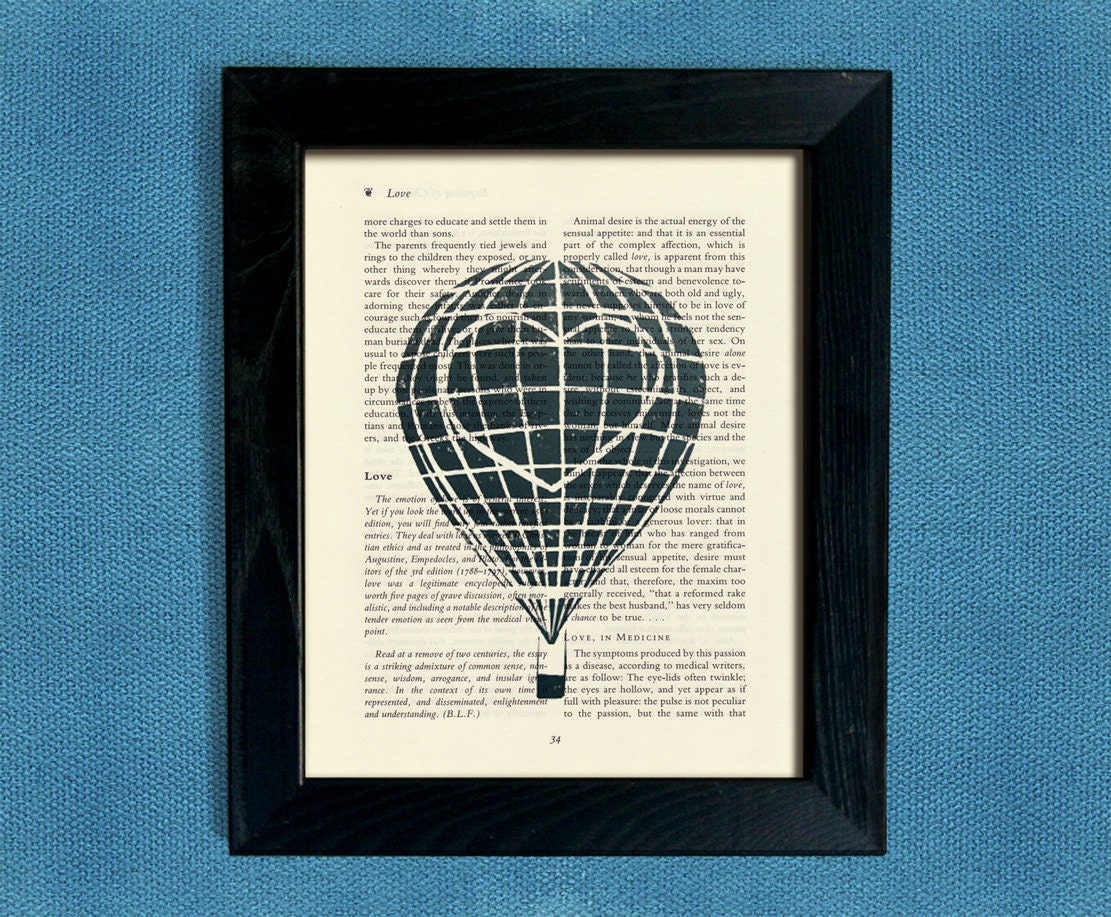 Travel Balloon PRINT on salvaged page book art print from original linocut design