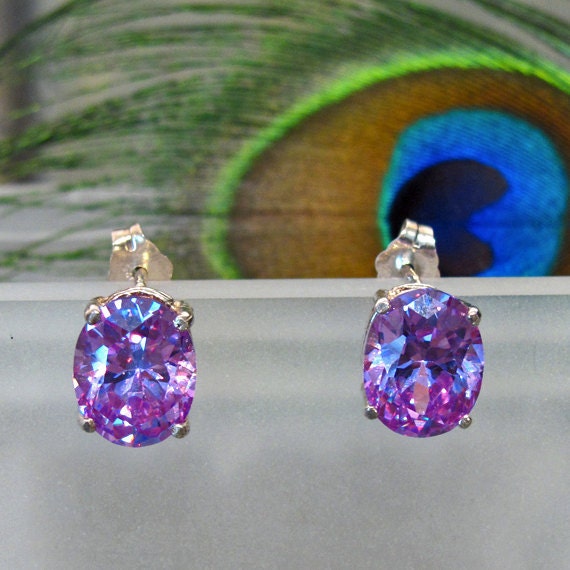 Color-Changing Purple Pink CZ Stud Sterling Silver Post Earrings - E30