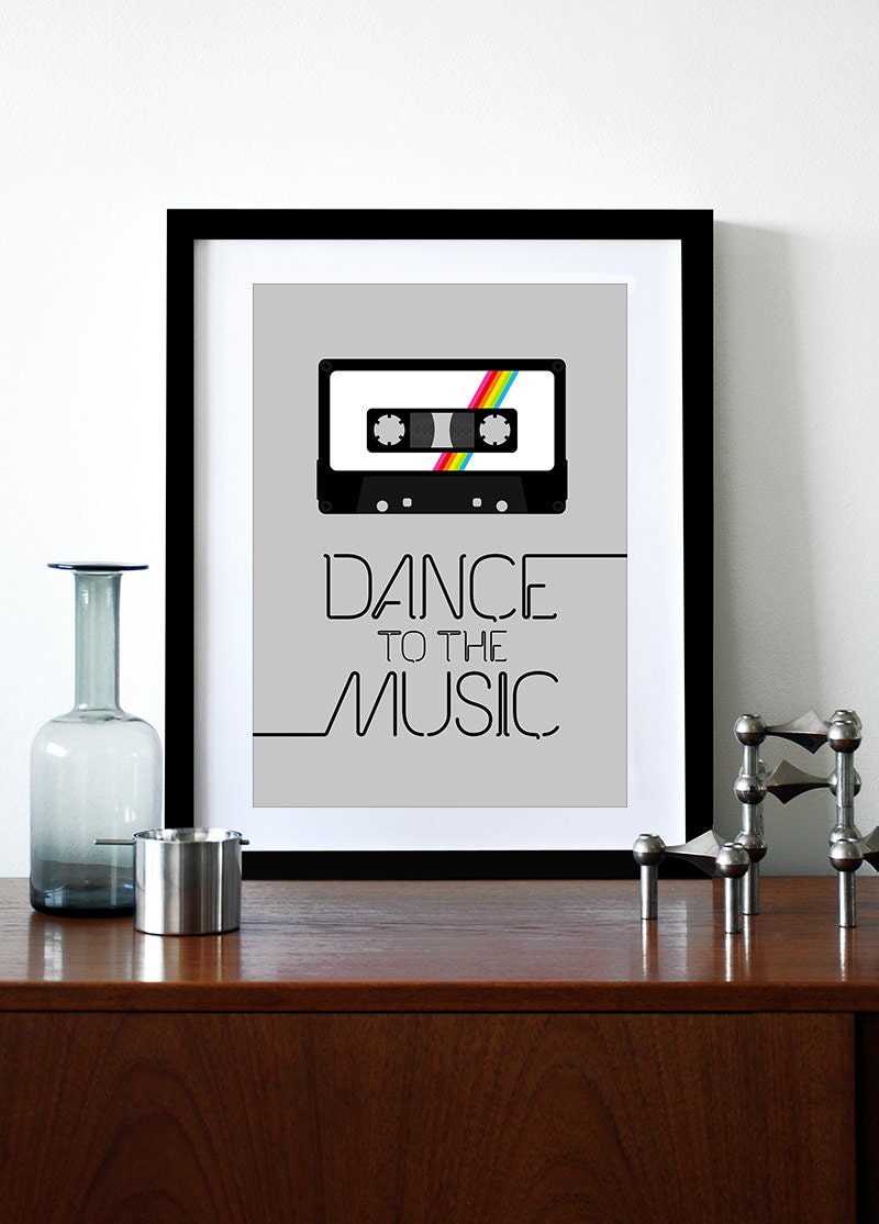 Retro poster print - Dance To The Music 2 - A3 retro typography cassette 70s 80s music cassette tape