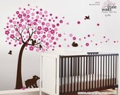 Cherry tree decal for nursery with birds decals, bear decal, squirrel and rabbit/bunny wall decal.Forest wall decal with animals. d334