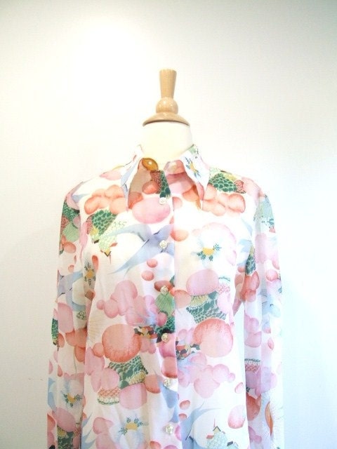 Vintage Floral Blouse Long Sleeve Button Down Shirt - L