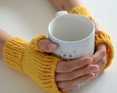 Coffee House Mid-Length Mitts - Fitted Fingerless Mittens / Gloves in Pale Gold Yellow - Ready to Ship