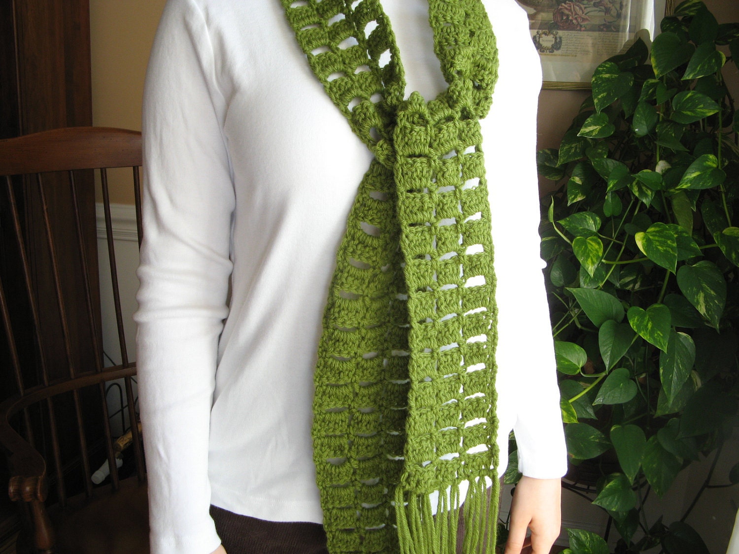 Avocado Green Scarf Crochet Skinny Fringe Very Long 82 Inches