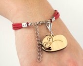 Sleeping Fox Charm Cord Bracelet: Triple Strand Cotton Waxed Cord Bamboo Wood Charm 7" Bracelet (Choice of Color)
