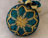 Elegant Gold and Teal Quilted Christmas Ball Ornament