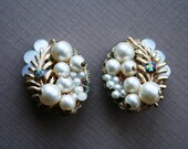 Vintage Garden Wedding  - Pearl, Gold Tone, and Aurora Borealis Crystal Vintage Earrings Pin Up Rockabilly Hollywood Glamour
