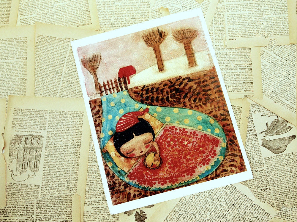 HIBERNATION - Reproduction From Original Mixed Media Holiday Painting by Danita (8x10 PRINT)