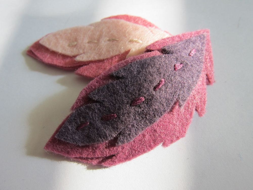 Set of 2 Wool Felt Feather Barrette - Hair Clip - Nature Bird Nest . Sugar Plum Fairy . Cotton Candy . Pastel . Purple . Pink . Rose