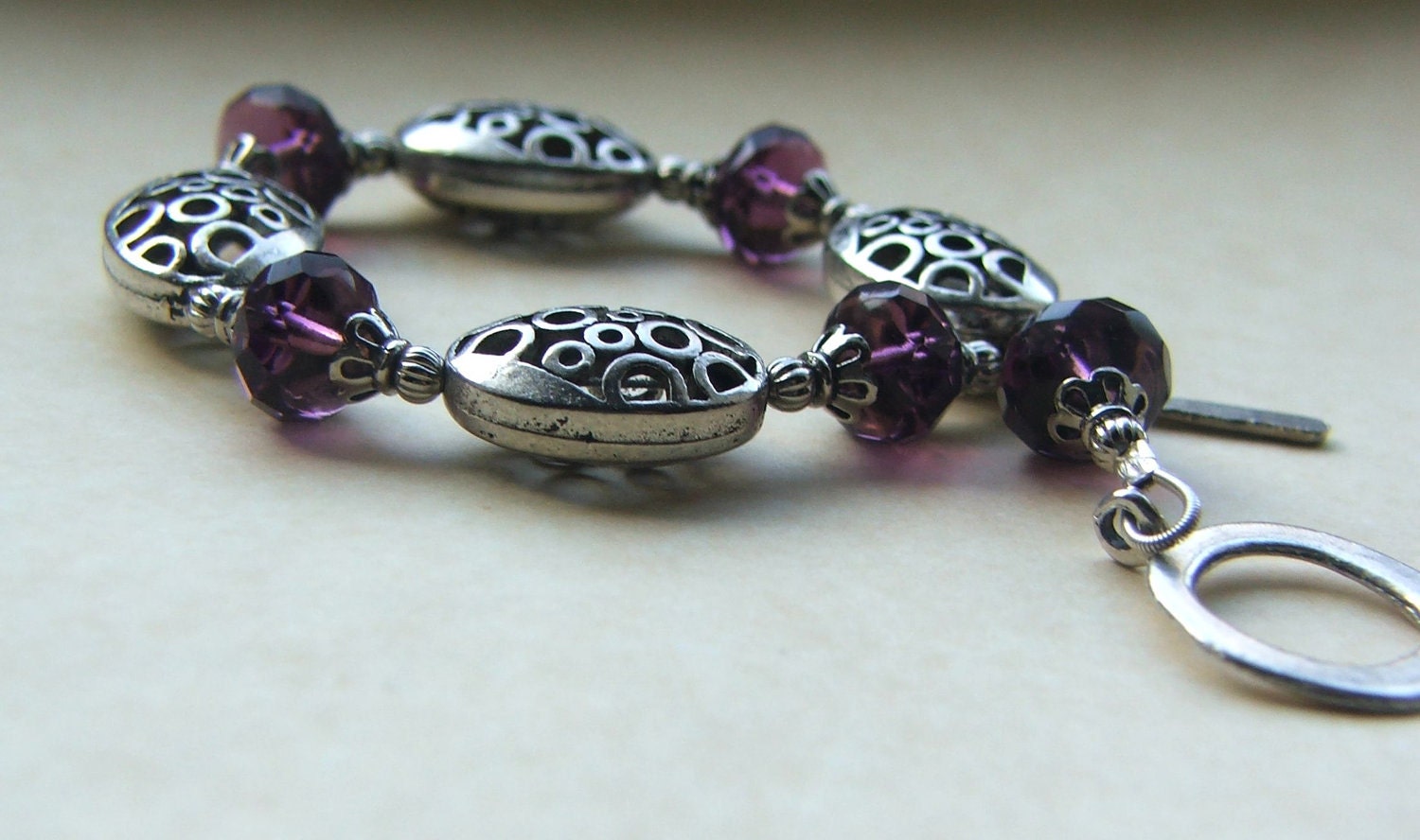 Silver and Purple Bracelet  Pewter and Glass