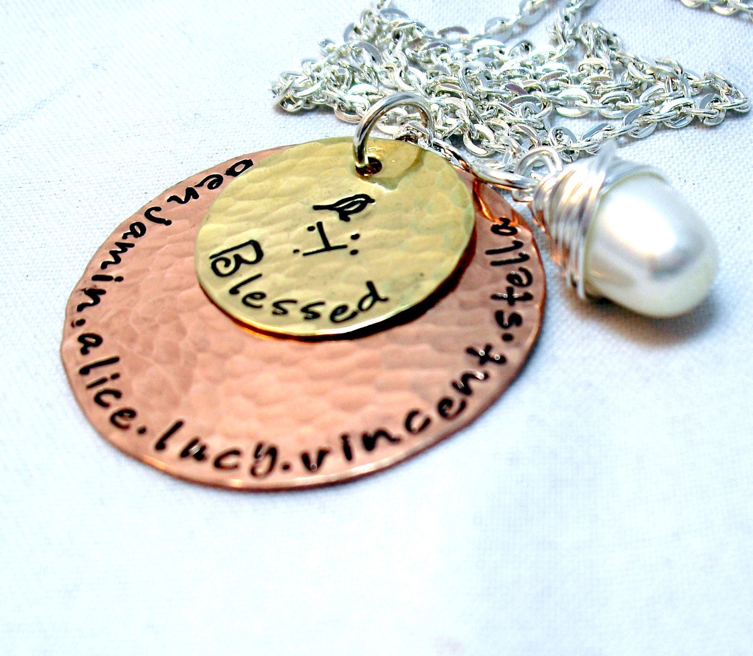 Blessed Family Hand stamped Personalized Necklace Mother s Jewlery Hand Stamped Choice of Pearl