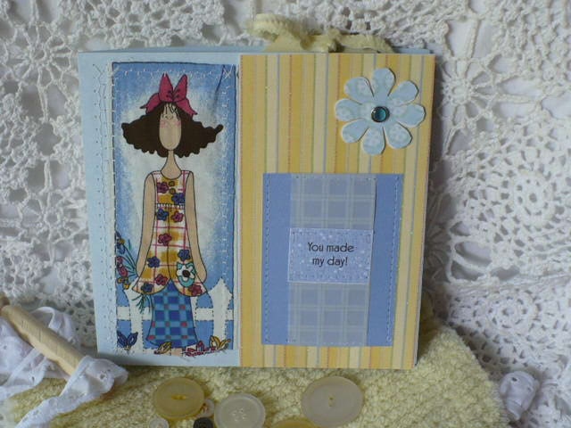 Greeting Card Handstitched - You Made My Day and Vintage Hankie