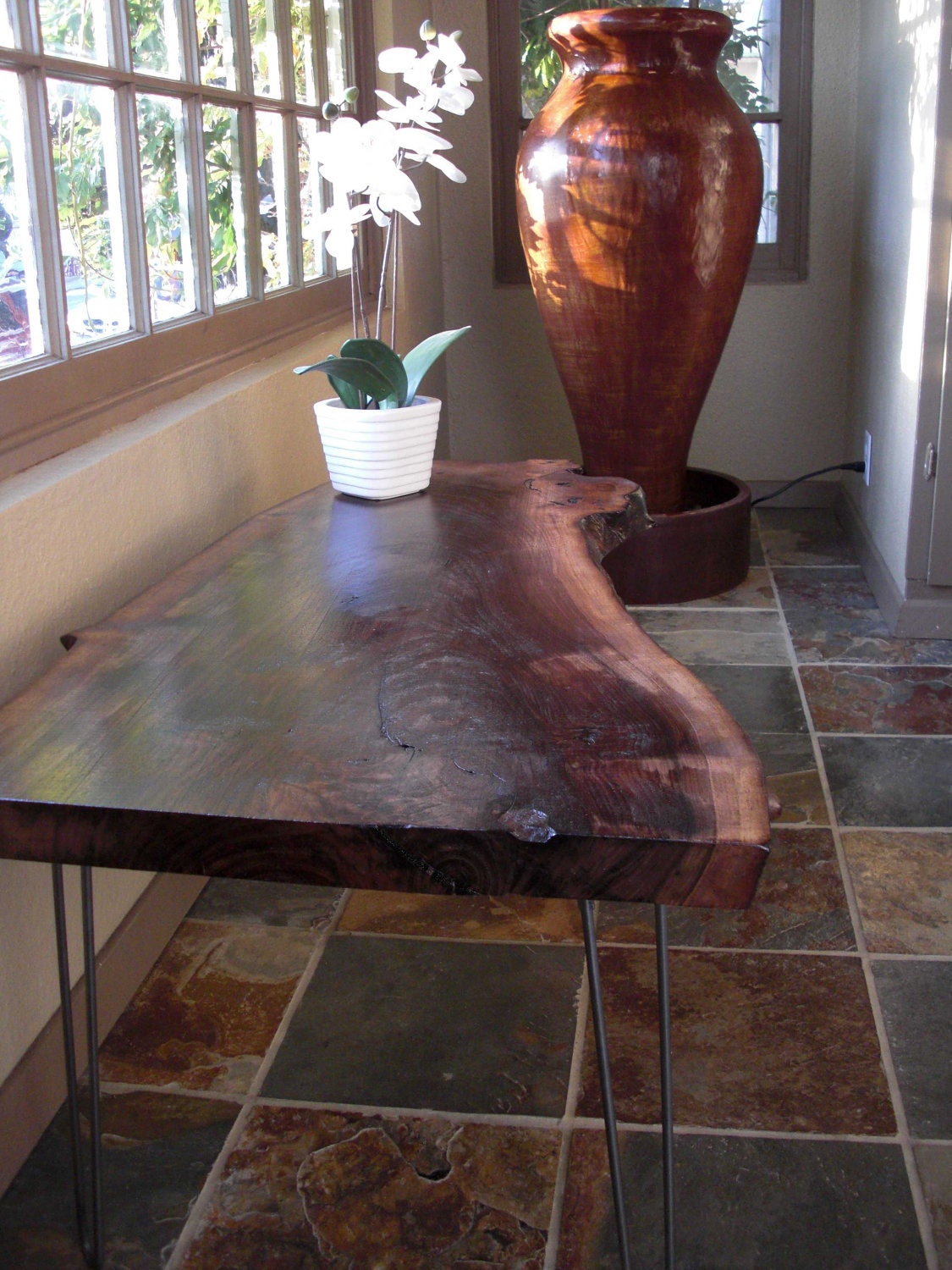 Coffee Table - Live Edge - Natural Edge - Modern Upcycle Rustic Wood Plank Coffee Table with Vintage Eames Style Hairpin Legs